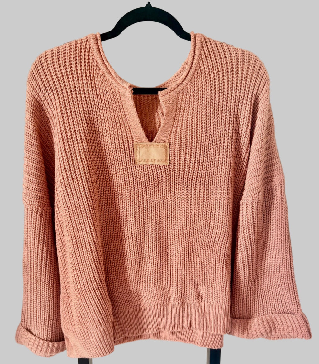 POL Oversized Waffle Knit V-Neck Sweater – Rose Pink