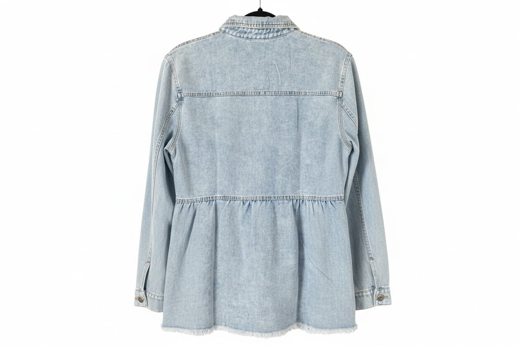 POL Light Wash Denim Ruffle Hem Shirt Dress