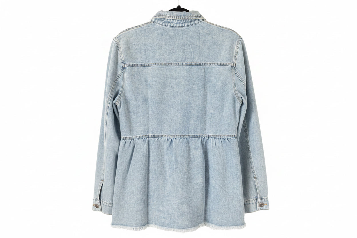 POL Light Wash Denim Ruffle Hem Shirt Dress