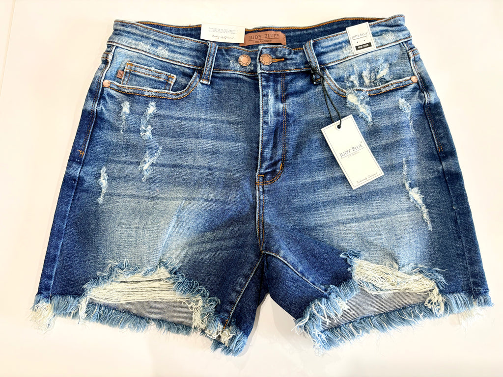 Judy Blue Mid-Rise Destroyed Raw Hem Denim Shorts