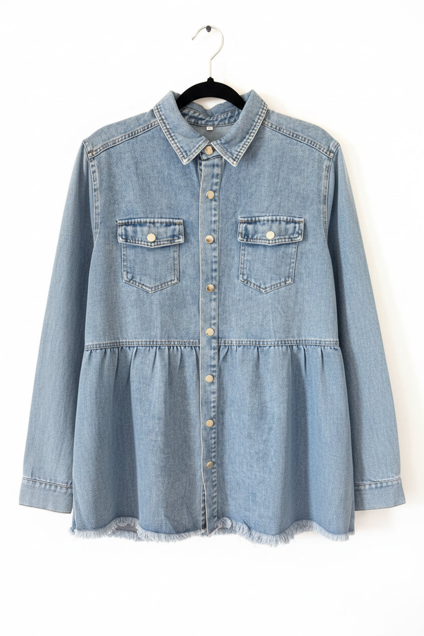 POL Light Wash Denim Ruffle Hem Shirt Dress