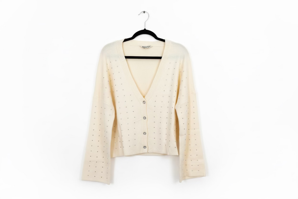 Davi & Dani Rhinestone Detail Button-Down Cardigan – Ivory