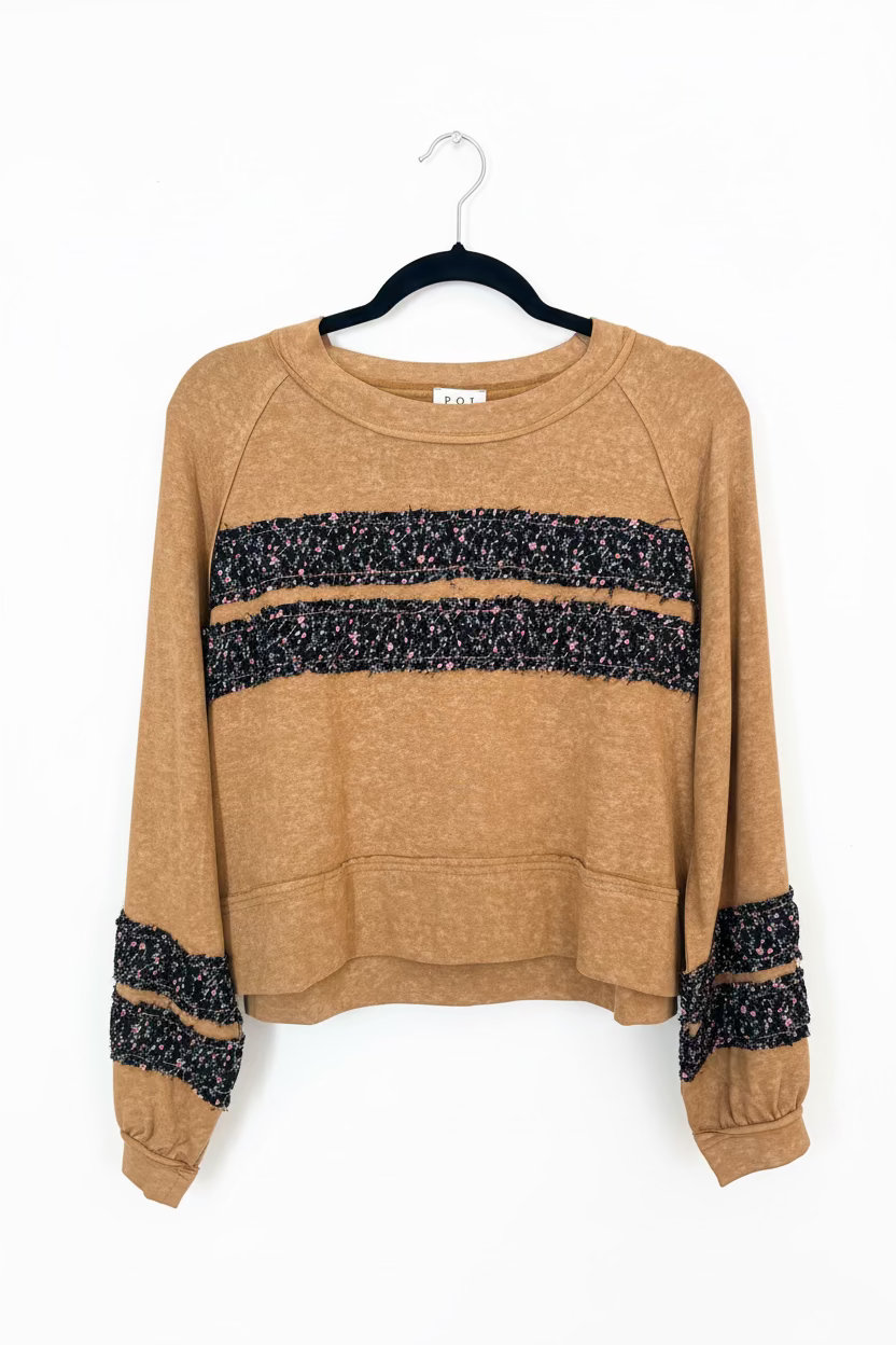 POL Mixed Media Floral Ruffle Stripe Pullover – Ochre Mustard