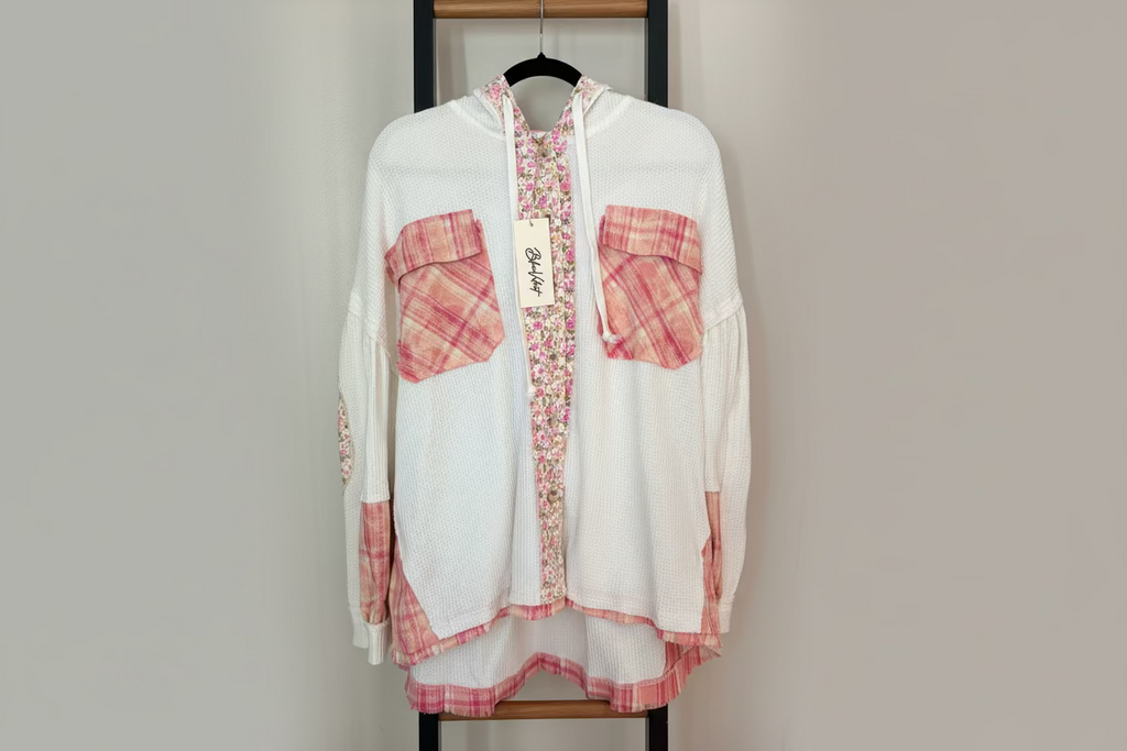 Blue Velvet Floral & Plaid Patchwork Waffle Knit Hoodie