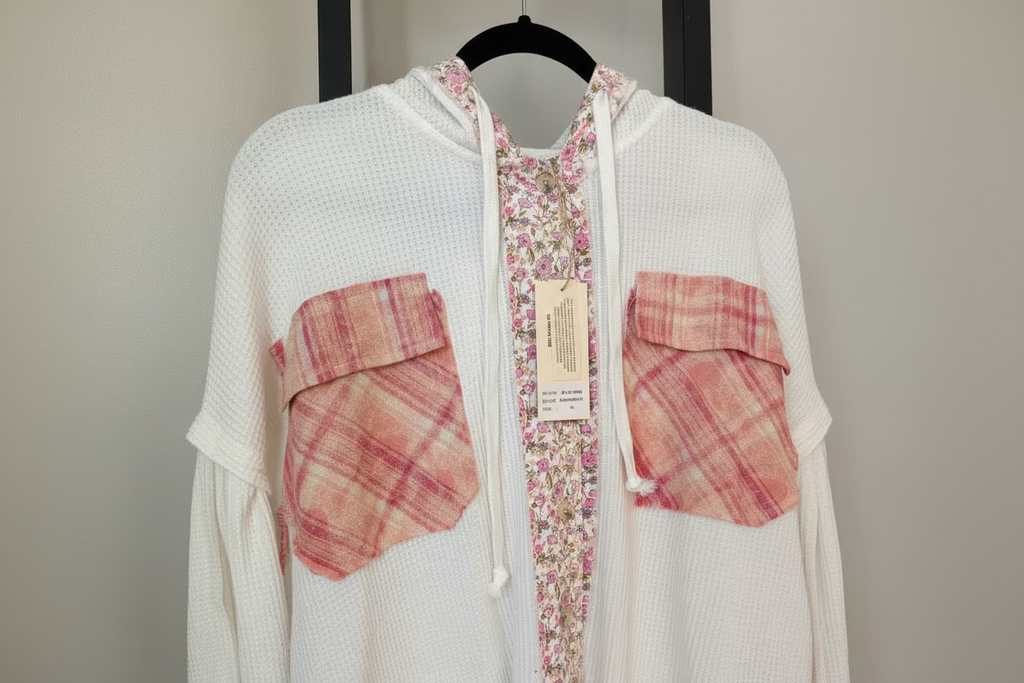 Blue Velvet Floral & Plaid Patchwork Waffle Knit Hoodie