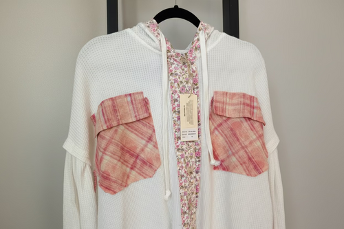 Blue Velvet Floral & Plaid Patchwork Waffle Knit Hoodie