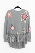 Blue Velvet Star Patchwork Ruffle Hem Waffle Top – Sage/Slate Grey