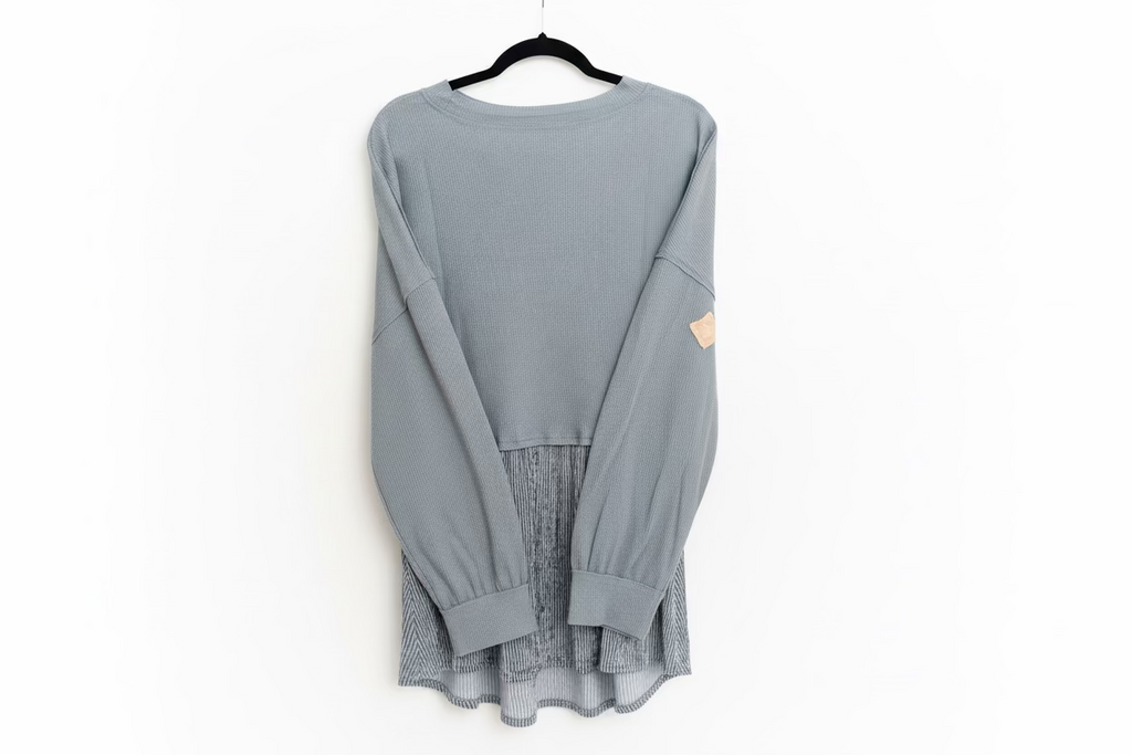 Blue Velvet Star Patchwork Ruffle Hem Waffle Top – Sage/Slate Grey