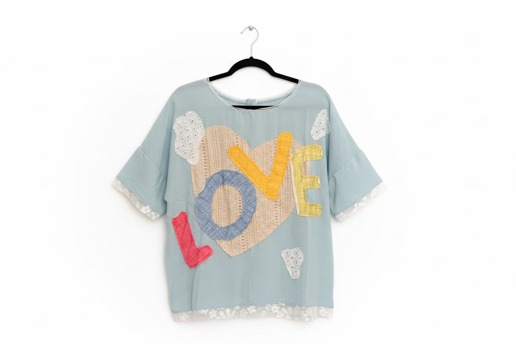 Blue Velvet "LOVE" Heart Patchwork Eyelet Mixed Media Tee – Sky Blue
