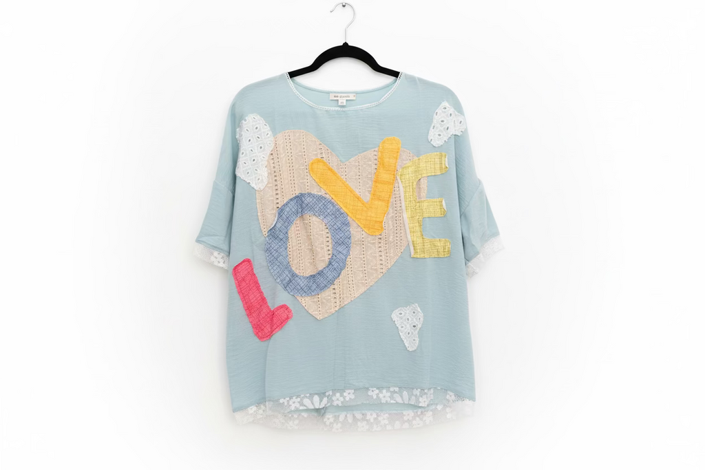 Blue Velvet "LOVE" Heart Patchwork Eyelet Mixed Media Tee – Sky Blue