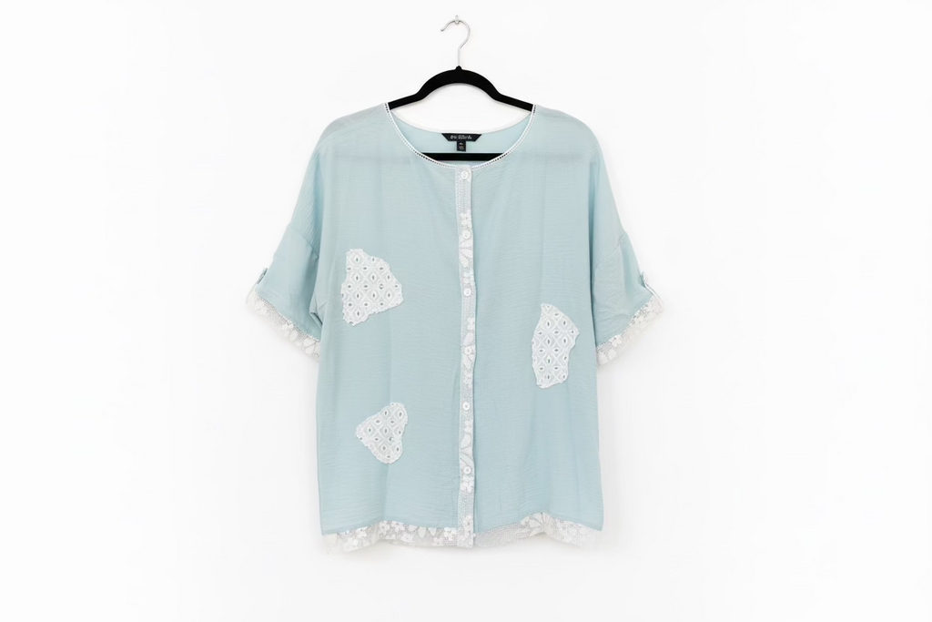 Blue Velvet "LOVE" Heart Patchwork Eyelet Mixed Media Tee – Sky Blue