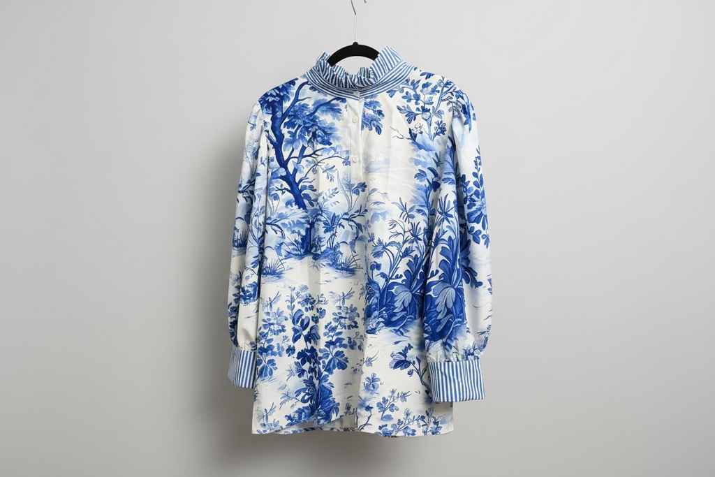 Chinoiserie Toile Ruffle Neck Blouse – Blue & White Stripe Trim