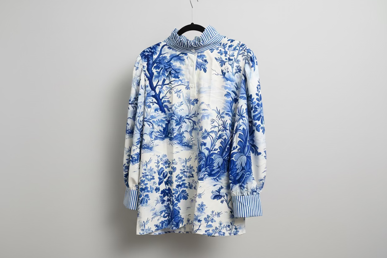 Chinoiserie Toile Ruffle Neck Blouse – Blue & White Stripe Trim