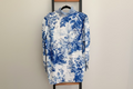Chinoiserie Toile Ruffle Neck Blouse – Blue & White Stripe Trim
