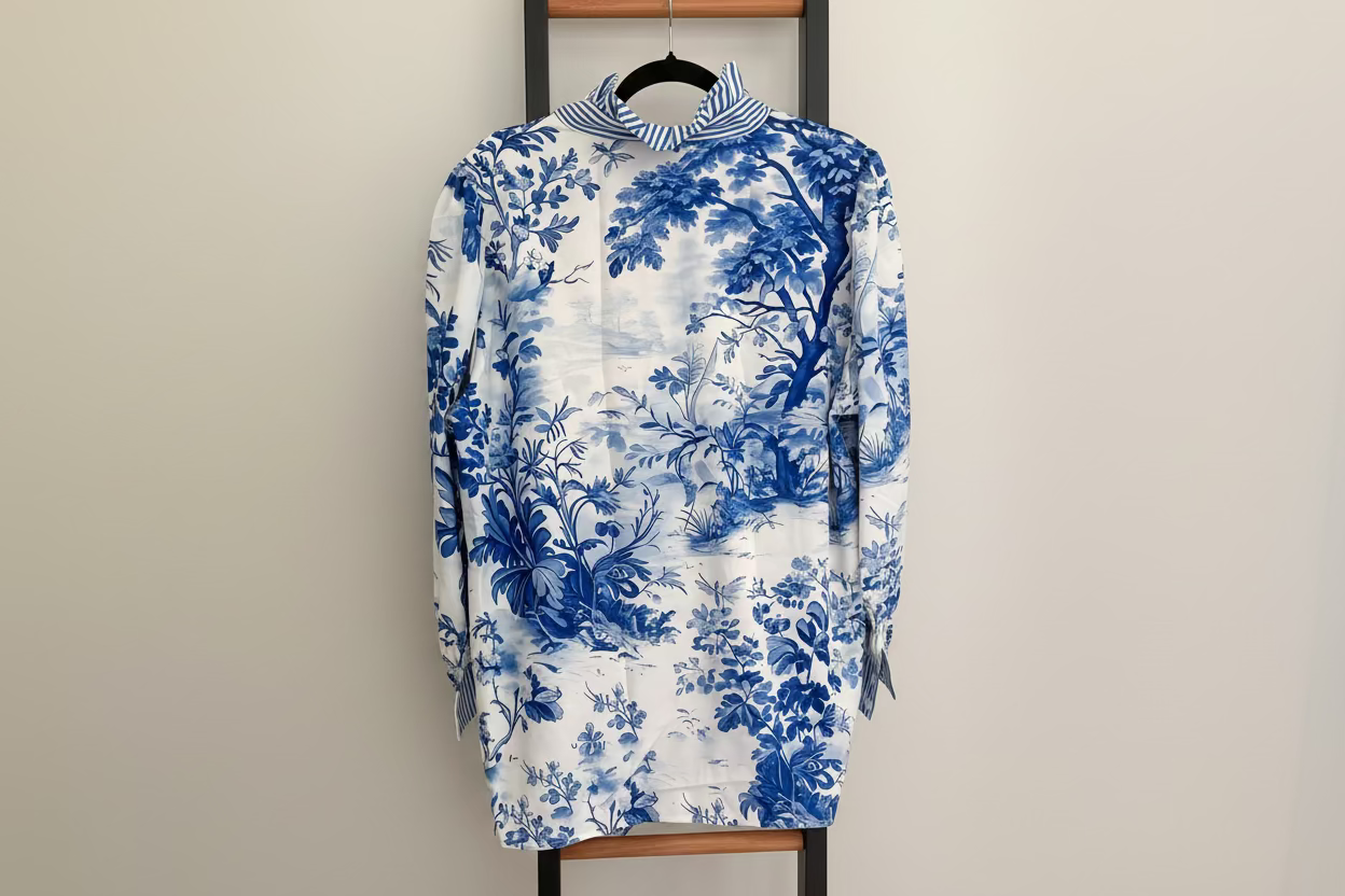Chinoiserie Toile Ruffle Neck Blouse – Blue & White Stripe Trim